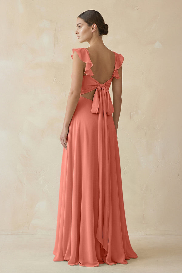 Ruffled Chiffon A - Line Long Bridesmaid Dress in Wild Rose - KissProm