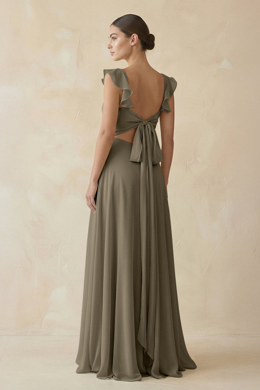 Ruffled Chiffon A - Line Long Bridesmaid Dress in Willow Green - KissProm