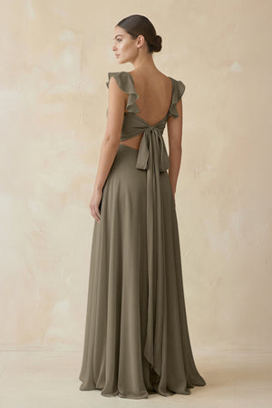 Ruffled Chiffon A - Line Long Bridesmaid Dress in Willow Green - KissProm