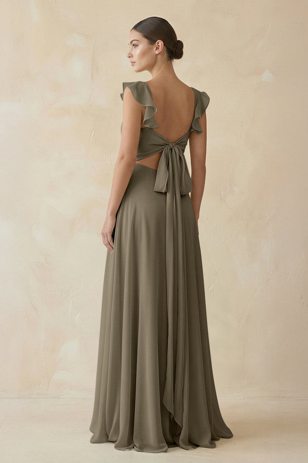 Ruffled Chiffon A - Line Long Bridesmaid Dress in Willow Green - KissProm