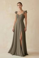 Ruffled Chiffon A - Line Long Bridesmaid Dress in Willow Green - KissProm