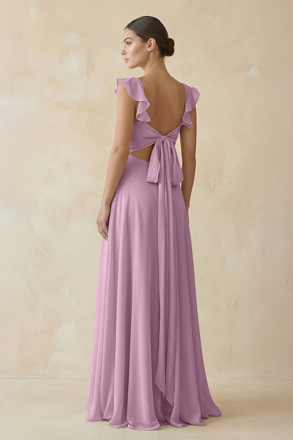 KissProm Ruffled Chiffon A-Line Long Bridesmaid Dress in Wisteria, Wisteria / 16