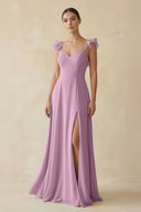 Ruffled Chiffon A - Line Long Bridesmaid Dress in Wisteria - KissProm