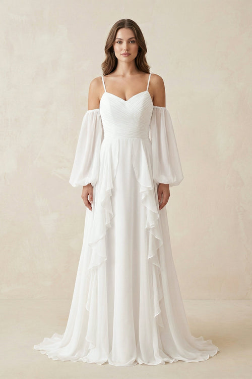 KissProm Ruffled Chiffon A-Line Wedding Dress With Detachable Sleeves in White, White / 2