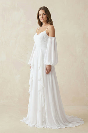 Ruffled Chiffon A - Line Wedding Dress With Detachable Sleeves in White - KissProm Wedding Dresses