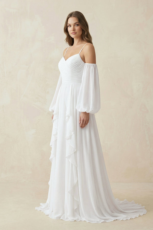 Ruffled Chiffon A - Line Wedding Dress With Detachable Sleeves in White - KissProm Wedding Dresses