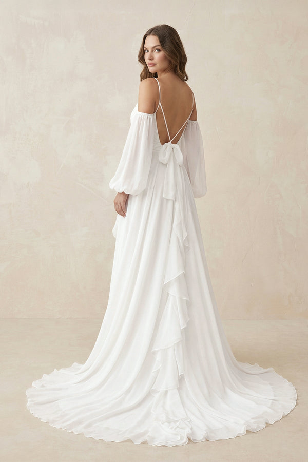 Ruffled Chiffon A - Line Wedding Dress With Detachable Sleeves in White - KissProm Wedding Dresses