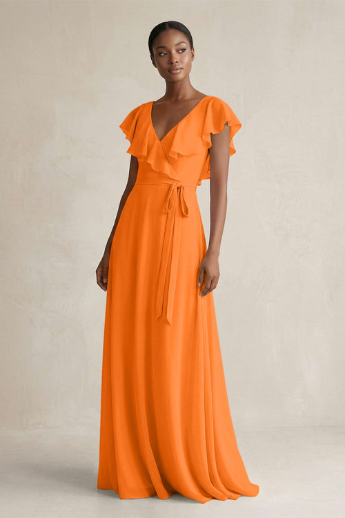 KissProm | V-Neck Ruffled Sleeve A-Line Chiffon Bridesmaid Dress in Cinnamon KissProm | V-Neck Ruffled Sleeve A-Line Chiffon Bridesmaid Dress in Cinnamon