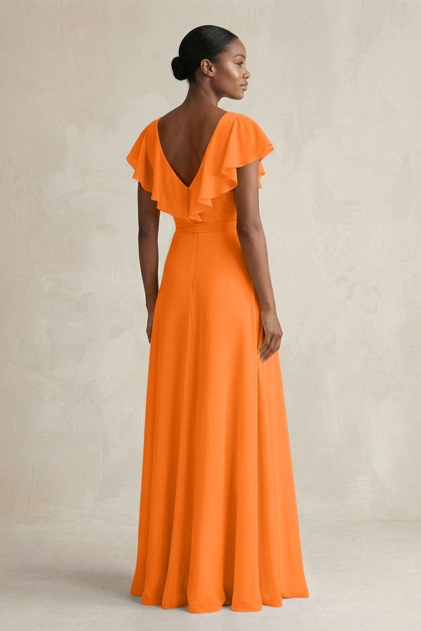 A-Line V-Neck Ruffled Sleeve Chiffon Bridesmaid Dress in Cinnamon - KissProm BRIDESMAID DRESSES