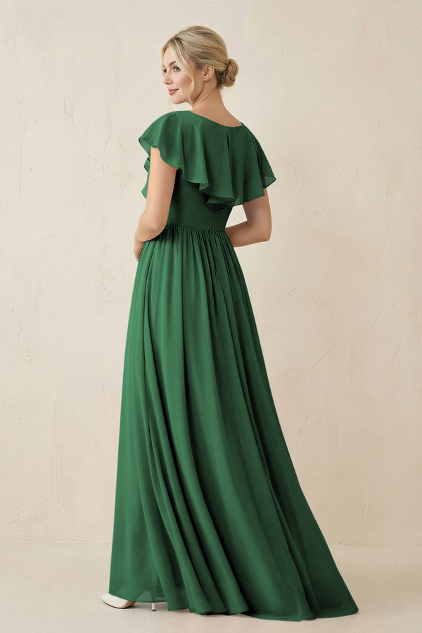 Cap Sleeve A-Line Ruffled Chiffon Bridesmaid Dress in Dark Green, Dark Green / 18