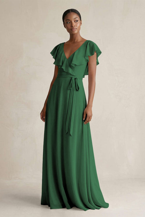 KissProm | V-Neck Ruffled Sleeve A-Line Chiffon Bridesmaid Dress in Dark Green KissProm | V-Neck Ruffled Sleeve A-Line Chiffon Bridesmaid Dress in Dark Green