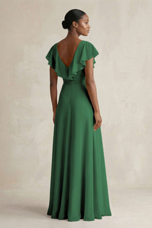 A-Line V-Neck Ruffled Sleeve Chiffon Bridesmaid Dress in Dark Green - KissProm BRIDESMAID DRESSES