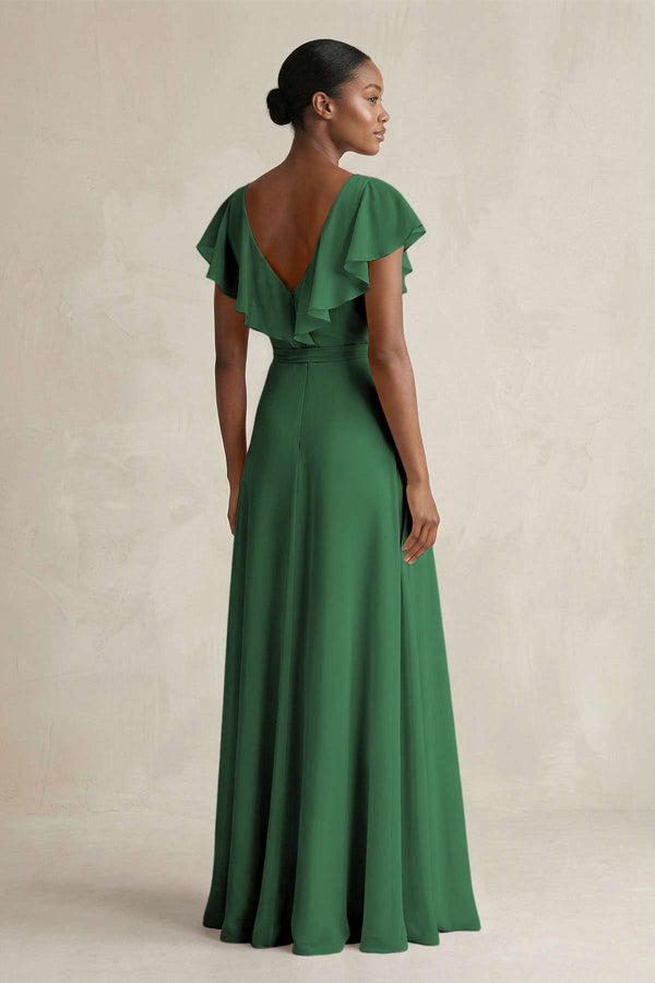 A-Line V-Neck Ruffled Sleeve Chiffon Bridesmaid Dress in Dark Green - KissProm BRIDESMAID DRESSES