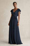 A-Line V-Neck Ruffled Sleeve Chiffon Bridesmaid Dress in Dark Navy - KissProm BRIDESMAID DRESSES