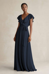 A-Line V-Neck Ruffled Sleeve Chiffon Bridesmaid Dress in Dark Navy - KissProm BRIDESMAID DRESSES