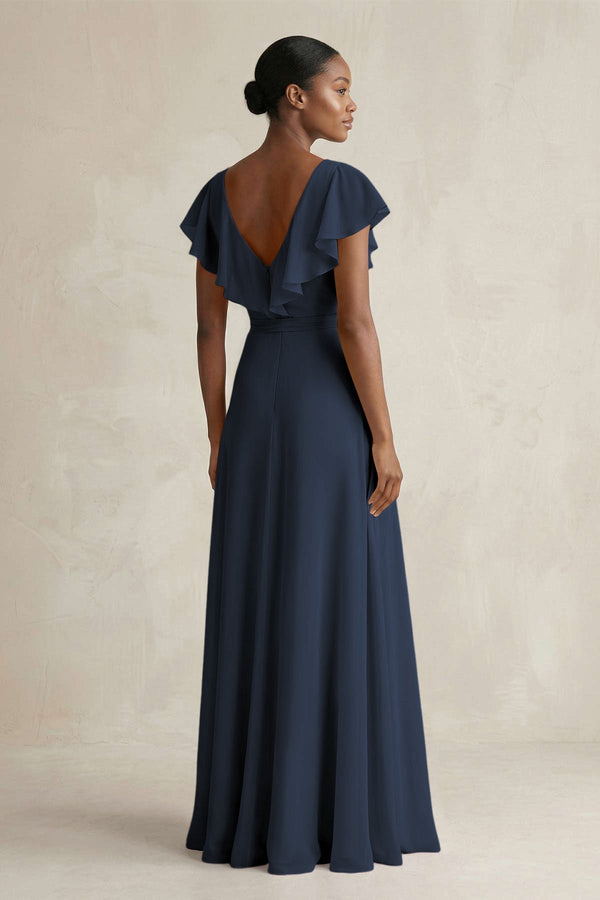 A-Line V-Neck Ruffled Sleeve Chiffon Bridesmaid Dress in Dark Navy - KissProm BRIDESMAID DRESSES