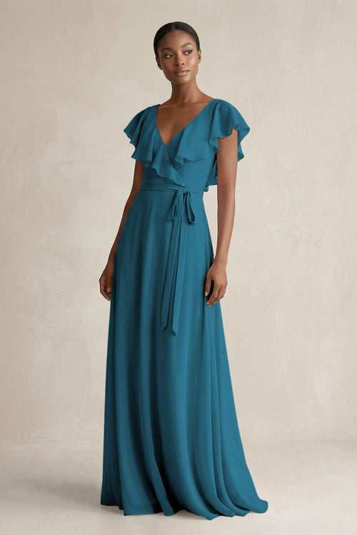 A-Line V-Neck Ruffled Sleeve Chiffon Bridesmaid Dress in Dark Teal - KissProm BRIDESMAID DRESSES