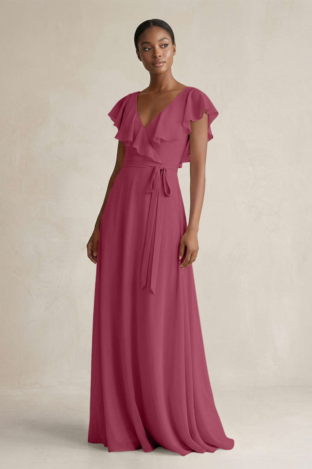 A-Line V-Neck Ruffled Sleeve Chiffon Bridesmaid Dress in Desert Rose - KissProm BRIDESMAID DRESSES