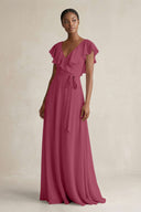 A-Line V-Neck Ruffled Sleeve Chiffon Bridesmaid Dress in Desert Rose - KissProm BRIDESMAID DRESSES