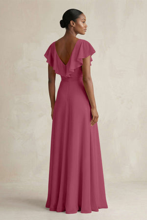 A-Line V-Neck Ruffled Sleeve Chiffon Bridesmaid Dress in Desert Rose - KissProm BRIDESMAID DRESSES