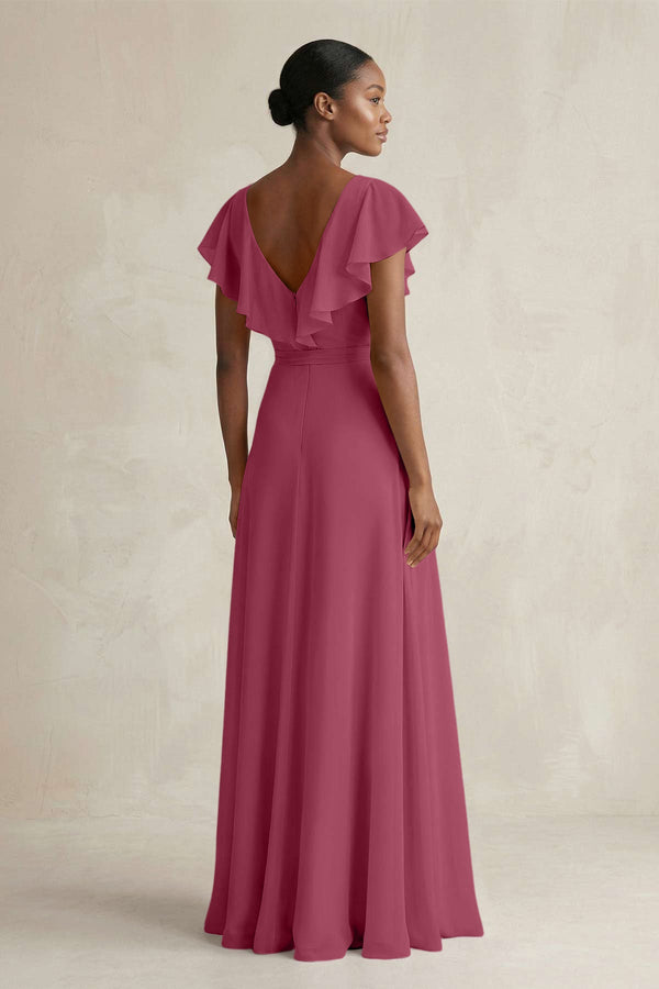 A-Line V-Neck Ruffled Sleeve Chiffon Bridesmaid Dress in Desert Rose - KissProm BRIDESMAID DRESSES