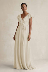 A-Line V-Neck Ruffled Sleeve Chiffon Bridesmaid Dress in Dove Gray - KissProm BRIDESMAID DRESSES