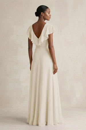 A-Line V-Neck Ruffled Sleeve Chiffon Bridesmaid Dress in Dove Gray - KissProm BRIDESMAID DRESSES