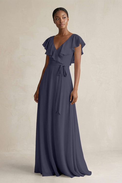 KissProm | V-Neck Ruffled Sleeve A-Line Chiffon Bridesmaid Dress in Dusk  Blue