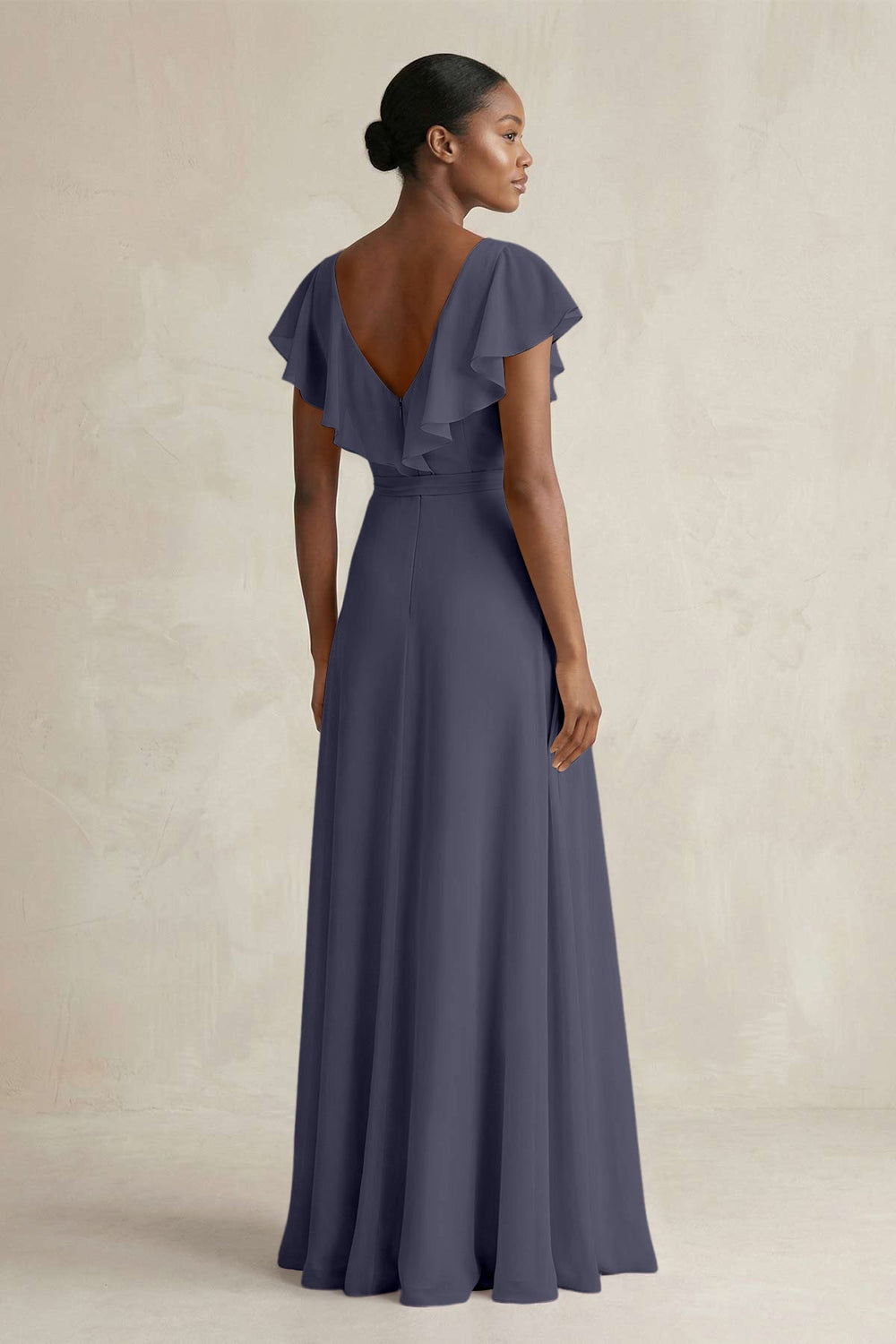 A-Line V-Neck Ruffled Sleeve Chiffon Bridesmaid Dress in Dusk Blue - KissProm BRIDESMAID DRESSES