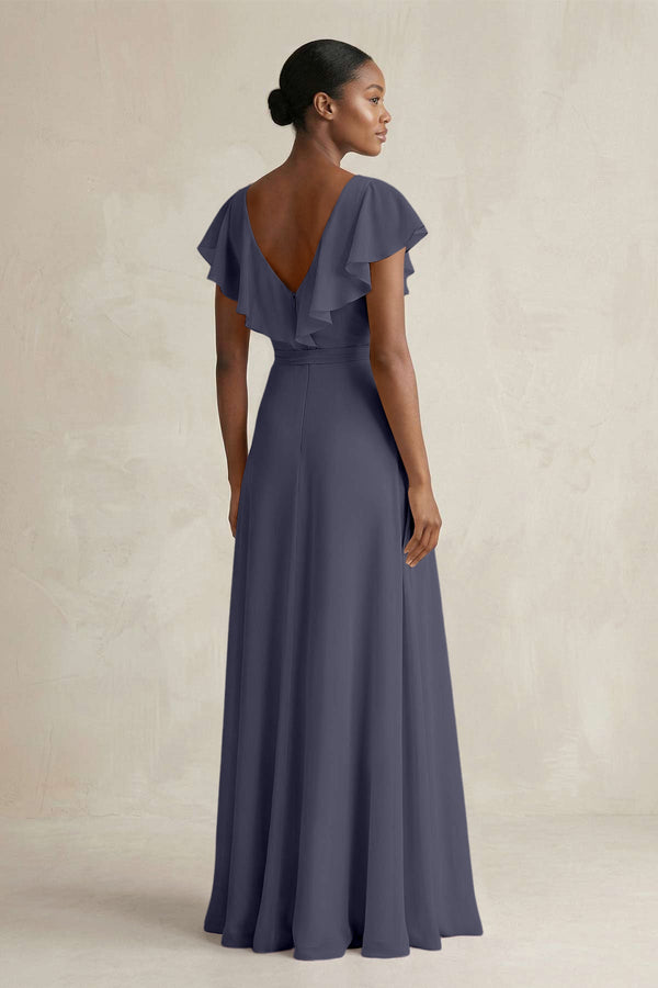 A-Line V-Neck Ruffled Sleeve Chiffon Bridesmaid Dress in Dusk Blue - KissProm BRIDESMAID DRESSES