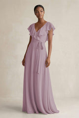 A-Line V-Neck Ruffled Sleeve Chiffon Bridesmaid Dress in Dusk - KissProm BRIDESMAID DRESSES