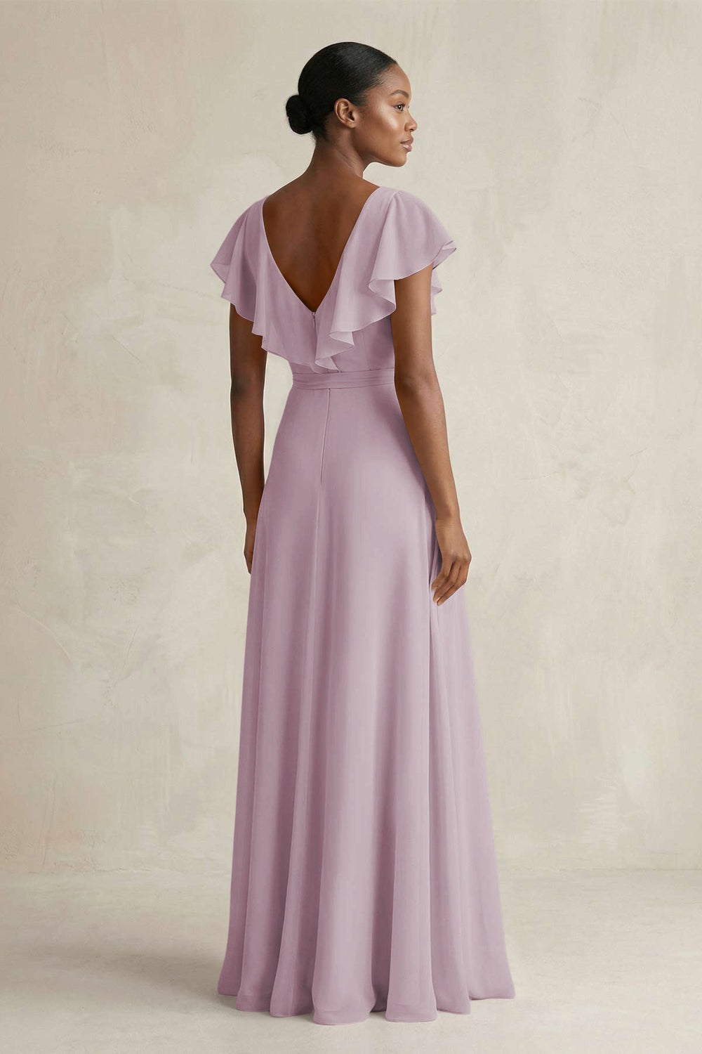 A-Line V-Neck Ruffled Sleeve Chiffon Bridesmaid Dress in Dusk - KissProm BRIDESMAID DRESSES