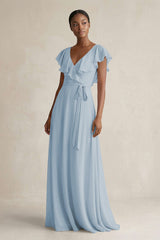A-Line V-Neck Ruffled Sleeve Chiffon Bridesmaid Dress in Dusty Blue - KissProm BRIDESMAID DRESSES