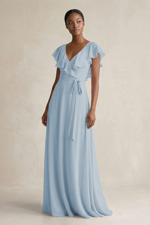 A-Line V-Neck Ruffled Sleeve Chiffon Bridesmaid Dress in Dusty Blue - KissProm BRIDESMAID DRESSES