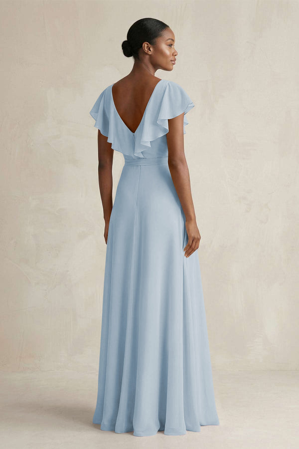 A-Line V-Neck Ruffled Sleeve Chiffon Bridesmaid Dress in Dusty Blue - KissProm BRIDESMAID DRESSES