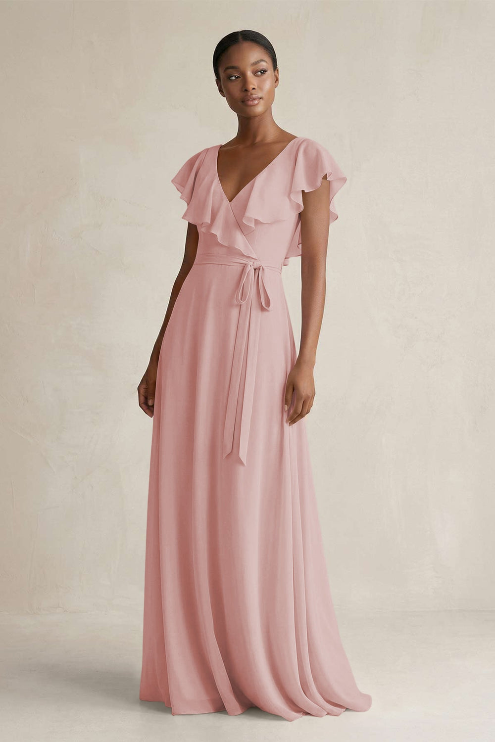 A-Line V-Neck Ruffled Sleeve Chiffon Bridesmaid Dress in Dusty Rose - KissProm BRIDESMAID DRESSES