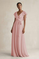 A-Line V-Neck Ruffled Sleeve Chiffon Bridesmaid Dress in Dusty Rose - KissProm BRIDESMAID DRESSES