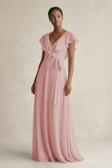 A-Line V-Neck Ruffled Sleeve Chiffon Bridesmaid Dress in Dusty Rose - KissProm BRIDESMAID DRESSES