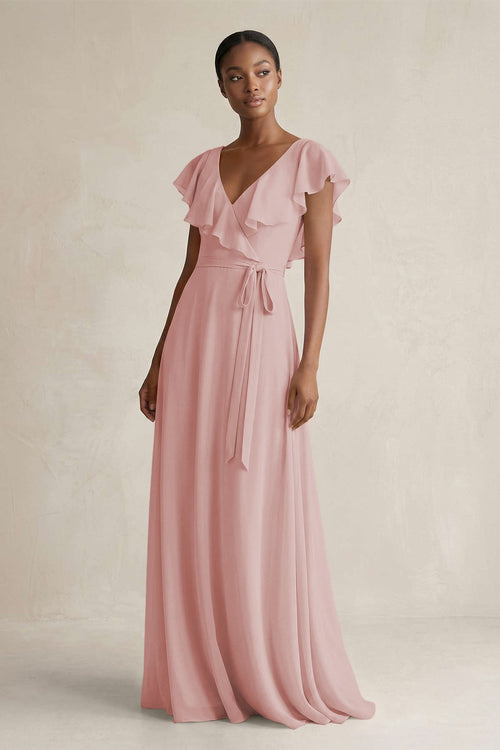 A-Line V-Neck Ruffled Sleeve Chiffon Bridesmaid Dress in Dusty Rose - KissProm BRIDESMAID DRESSES