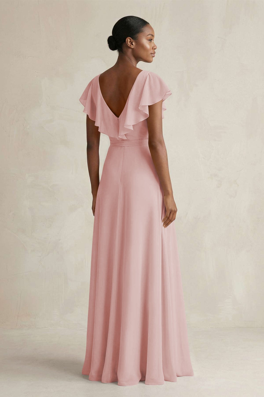 A-Line V-Neck Ruffled Sleeve Chiffon Bridesmaid Dress in Dusty Rose - KissProm BRIDESMAID DRESSES