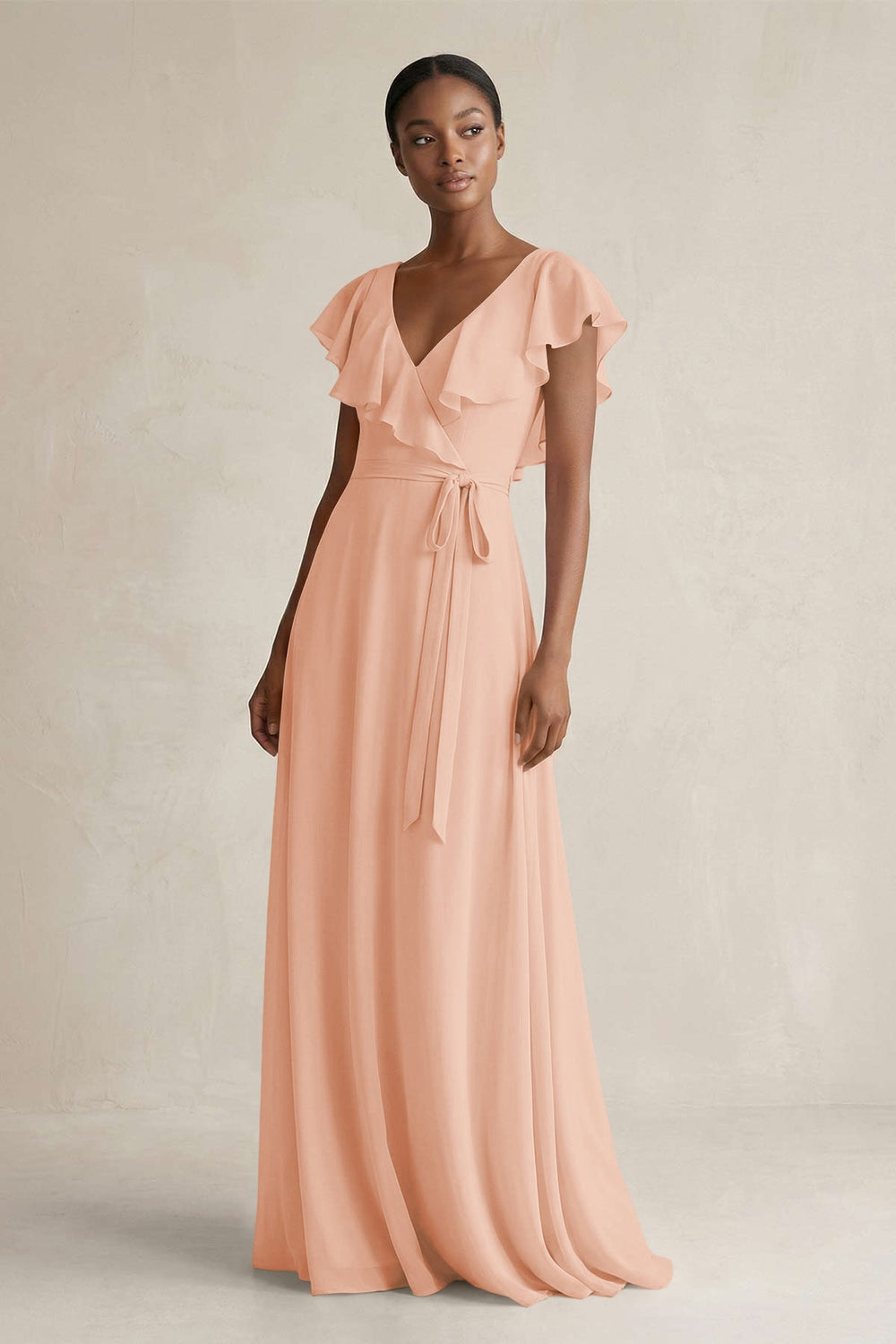 A-Line V-Neck Ruffled Sleeve Chiffon Bridesmaid Dress in English Rose - KissProm BRIDESMAID DRESSES