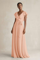 A-Line V-Neck Ruffled Sleeve Chiffon Bridesmaid Dress in English Rose - KissProm BRIDESMAID DRESSES