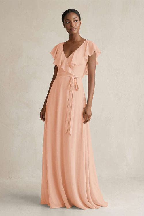 A-Line V-Neck Ruffled Sleeve Chiffon Bridesmaid Dress in English Rose - KissProm BRIDESMAID DRESSES