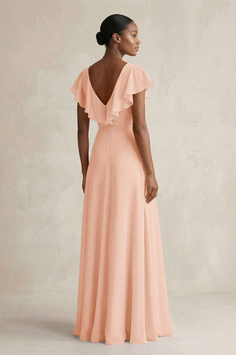 A-Line V-Neck Ruffled Sleeve Chiffon Bridesmaid Dress in English Rose - KissProm BRIDESMAID DRESSES