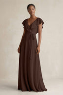A-Line V-Neck Ruffled Sleeve Chiffon Bridesmaid Dress in Espresso - KissProm BRIDESMAID DRESSES