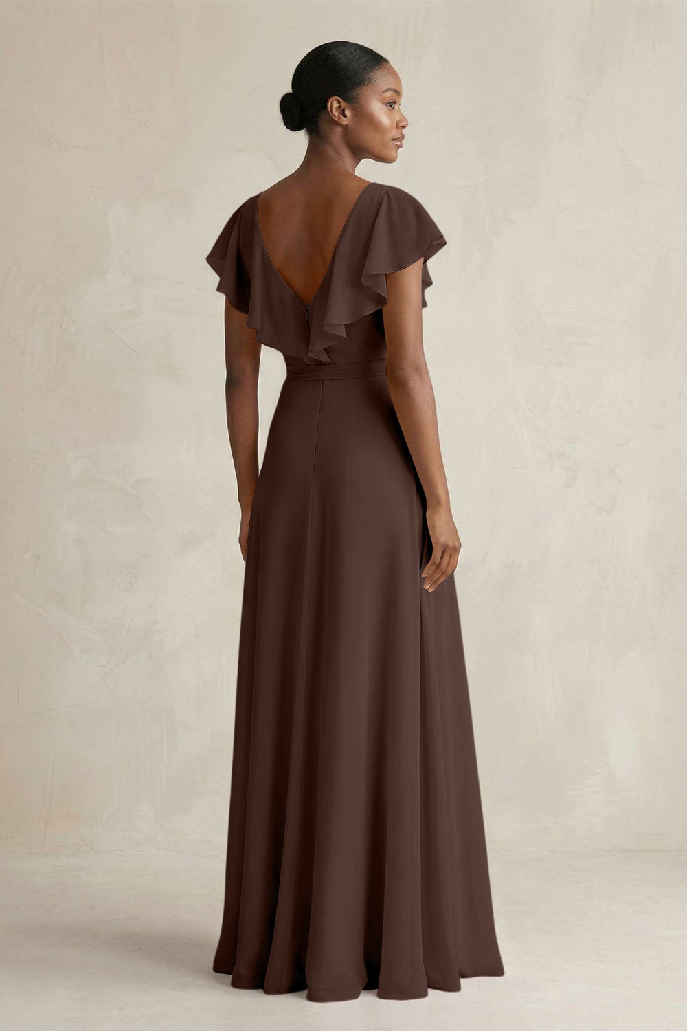 A-Line V-Neck Ruffled Sleeve Chiffon Bridesmaid Dress in Espresso - KissProm BRIDESMAID DRESSES