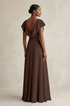 A-Line V-Neck Ruffled Sleeve Chiffon Bridesmaid Dress in Espresso - KissProm BRIDESMAID DRESSES