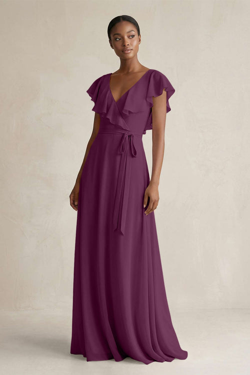 A-Line V-Neck Ruffled Sleeve Chiffon Bridesmaid Dress in Fig - KissProm BRIDESMAID DRESSES