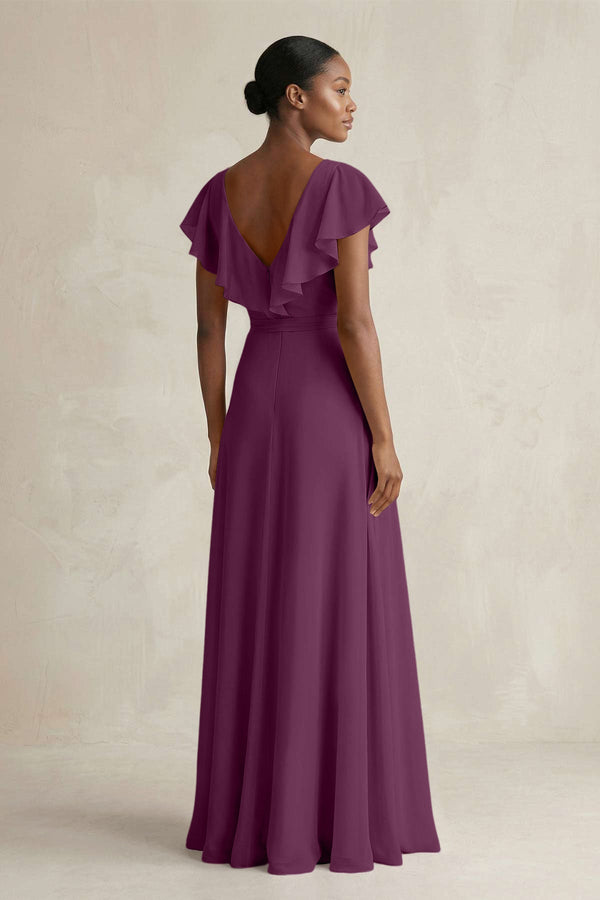 A-Line V-Neck Ruffled Sleeve Chiffon Bridesmaid Dress in Fig - KissProm BRIDESMAID DRESSES