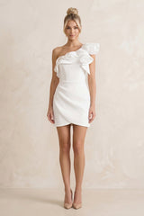 Ruffled Flower Sheath Satin Mini Wedding Dress in White - KissProm Wedding Dresses